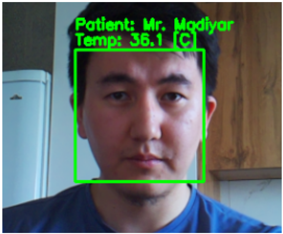 Face recognition and temperature output: Patient Mr. Madiyar, Temp 36.1°C